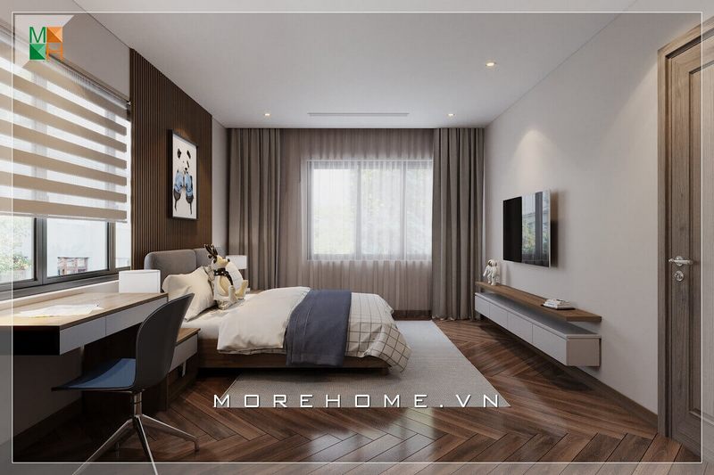 Mẫu thiết kế phòng ngủ nhỏ phong cách hiện đại với nội thất gỗ công nghiệp, giúp tạo sự rộng rãi cho không gian mà vẫn đảm bảo đầy đủ tiện nghi sử dụng