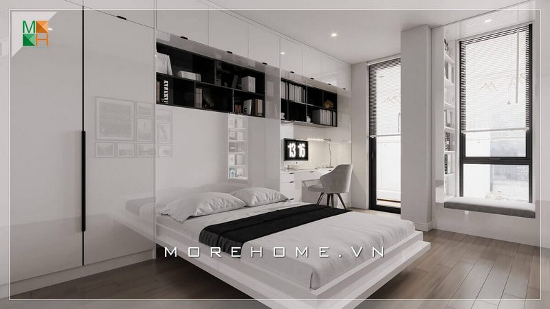 Mẫu thiết kế nội thất phòng ngủ hiện đại, lối thiết kế thông thoáng cửa sổ lớn rất lạ mắt với cách bố trí nội thất rất ấn tượng phù hợp cho chung cư, nhà phố, biệt thự.
